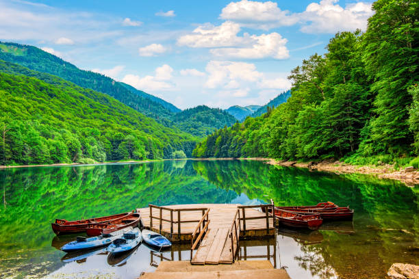 Wooden boats and kayaks near pier on Biogradskoe lake in Montenegro in early morning